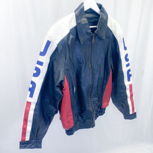 Vintage Leather USA Flag Bomber Jacket Leather King Biker Coat - Picture 3 of 14